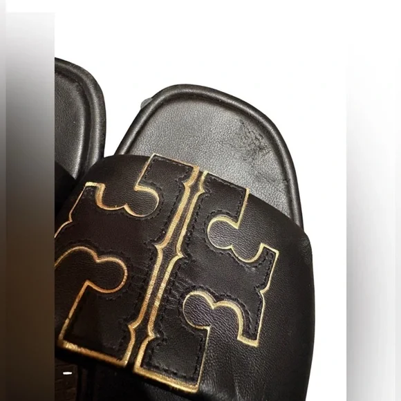 Tory Burch Double T Sport Slides Black Slides with Gold Emblem - Picture 3 of 12